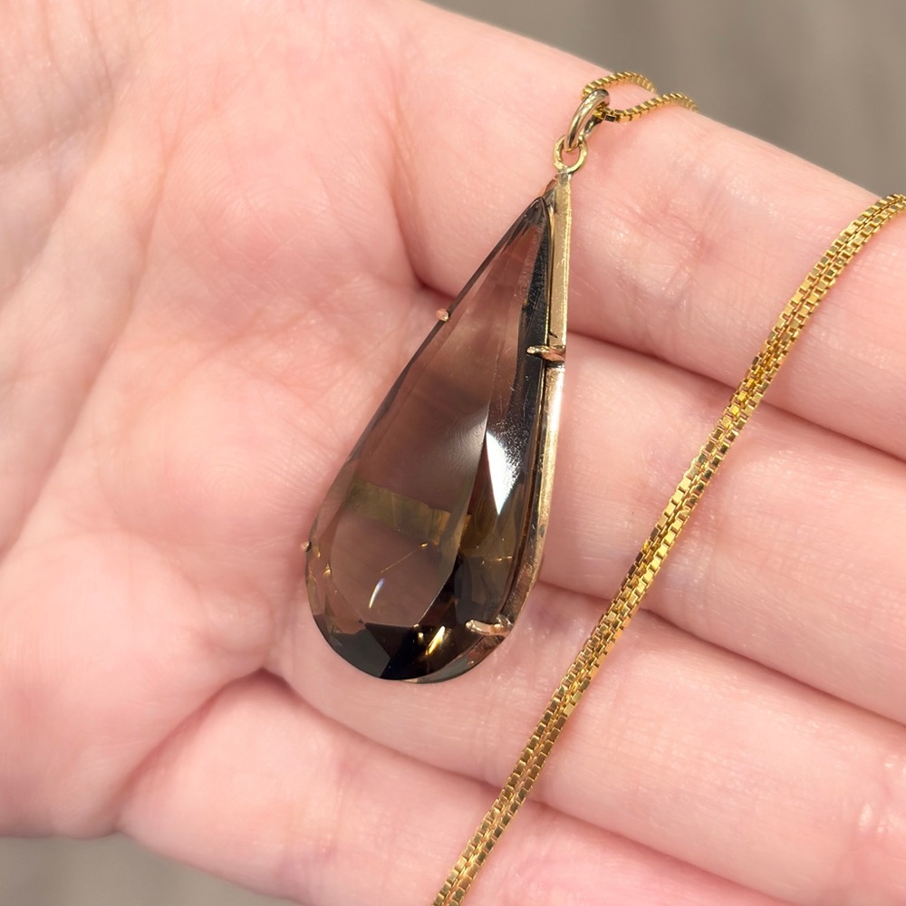 Vintage Smoky Quartz 18K Yellow Rose Gold Pendant Mid-Century Teardrop Solitaire - Picture 7 of 13